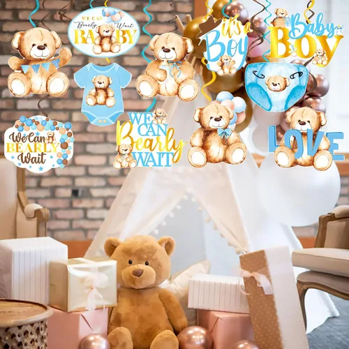 Vista 6 de 20 piezas de oso de peluche colgantes con diseño de remolinos We Can Bearly Wait Baby Shower Decoraciones It's a Boy Ceiling Swirl Bear Baby Shower