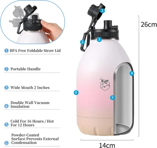 Vista 4 de Boulder Bee Botellas de agua aisladas de 64 onzas Acero inoxidable para bebidas frías y calientes Botella de agua de gimnasio de doble pared