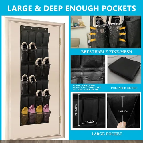Vista 7 de Organizador de Zapatos para Puerta con 24 Bolsillos Grandes de Malla Transpirable, Soporte de Almacenamiento de Zapatos para Closet, Colgante