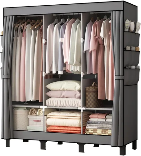 Vista 12 de Armario portátil, caja de almacenamiento de ropa, armario simple para colgar ropa, múltiples estantes y 3 barras, 6 bolsillos laterales (negro)