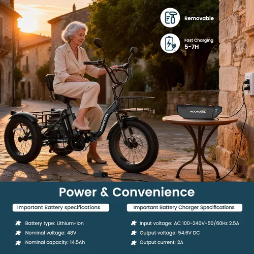 Vista 7 de MOONCOOL Triciclo eléctrico plegable para adultos, Etrike de aluminio de 20 pulgadas, clasificado 500 W, batería extraíble de 48 V frenos de disco