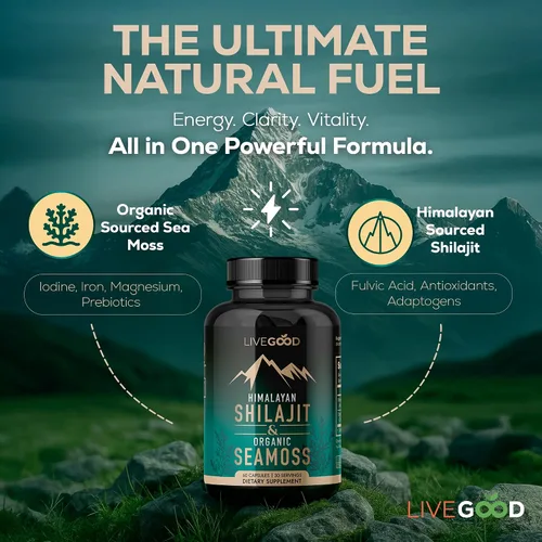 Vista 2 de LIVEGOOD Cápsulas de shilajit del Himalaya y musgo marino orgánico, ácido fúlvico orgánico, musgo marino y shilajit combo para apoyo de energía