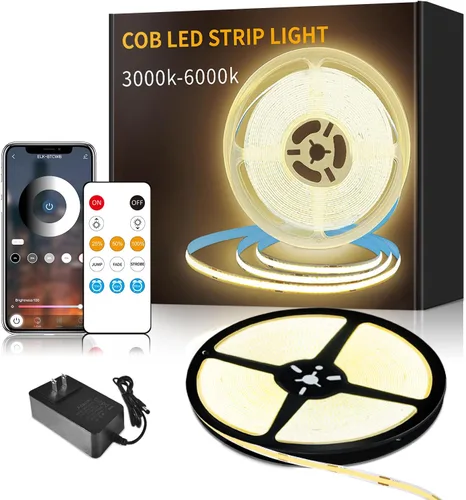 Vista 11 de Tira de luces LED COB de 32.8 pies, CC 24 V, regulable, 6000 K, luz de cinta LED flexible blanca para dormitorio, con control remoto y aplicación