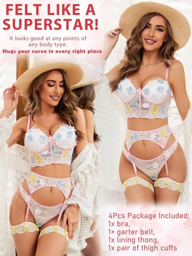Vista 2 de popiv Conjunto de lencería floral para mujer, brasier y calzón con liguero de encaje