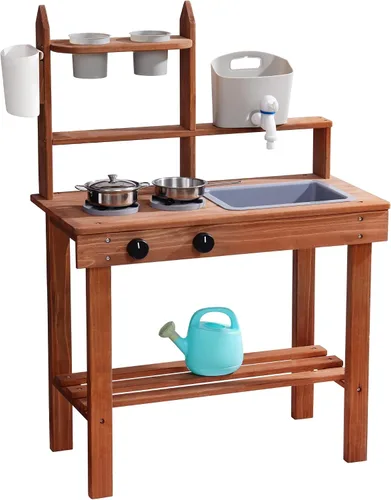 Vista 2 de ROBUD Cocina de barro para niños al aire libre, cocina de madera al aire libre, cocina de barro para niños con fregadero y grifo extraíbles
