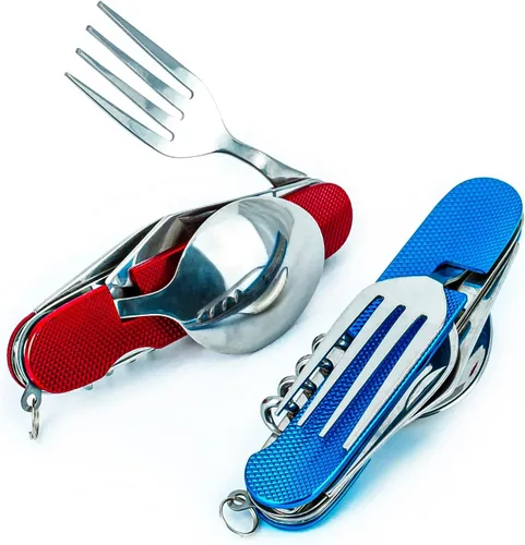 Vista 11 de Juego de cubiertos multifunción 6 en 1 para acampar, cuchara desmontable, tenedor, cuchillo, kit combinado con bolsa de transporte