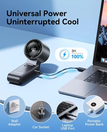 Vista 8 de KIMMOO Ventilador Turbo Portátil de Mano 3 en 1 - 100 Velocidades, 13500 RPM, 12 Horas de Refrigeración, Pantalla Digital, Rotación de 120°, Mini