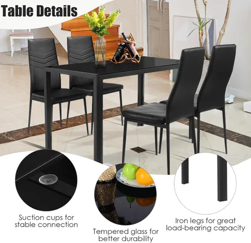 Vista 4 de Giantex Juego de 5 mesas de comedor para 4, mesa y sillas de cocina de vidrio moderna, mesa rectangular de marco de metal con cuero acolchado de 4