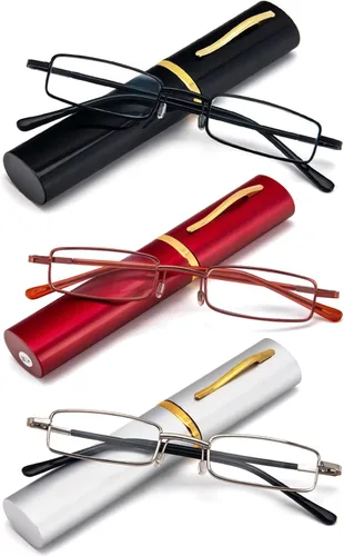 Vista 11 de REAVEE - 2 unidades de gafas de lectura con bolígrafo delgado para hombres y mujeres, tamaño pequeño de bolsillo, tubo con bisagra de resorte