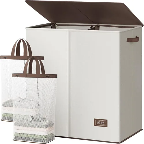 Vista 13 de SOLEDI Cesta de lavandería grande doble con tapa, cesta de ropa plegable de 2 secciones con bolsas extraíbles, cesta de lavandería que ahorra