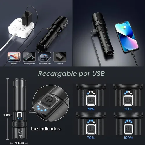Vista 4 de Linterna LED recargable de alto lúmenes, 80000 lúmenes brillante y potente linterna, 5 modos, luz de flash de mano impermeable IPX6 para acampar