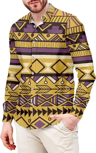 Vista 4 de Camisa azteca con botones para hombre, patrón nativo americano, camisas de manga larga con cuello en V y nación tribal