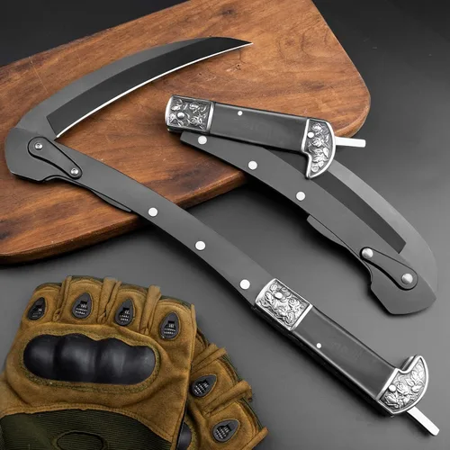 Vista 6 de VALHALLA Hoz plegable, guadaña plegable negra afilada con 2 secciones, cuchillo de hoz de mano con mango de madera, cuchillo de hoz de seguridad