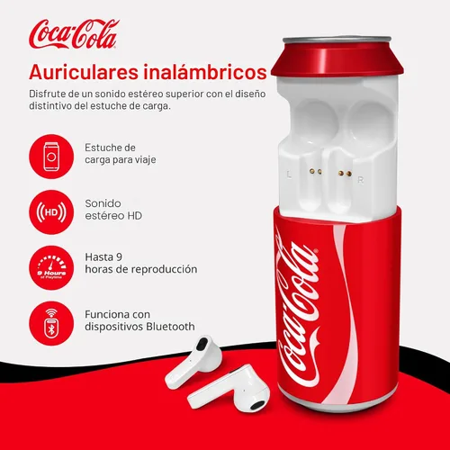Vista 2 de Auriculares inalámbricos con forma de lata de Coca-Cola – Auriculares Bluetooth 5.0 con micrófono incorporado, compatibilidad con asistente de voz