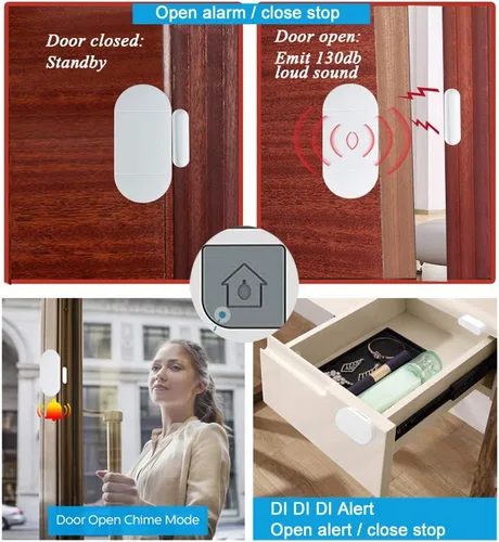 Vista 4 de Alarma con sensor de ventana de puerta cuando se abre la puerta, alarma de puerta para seguridad de niños en el hogar con control remoto, alarma