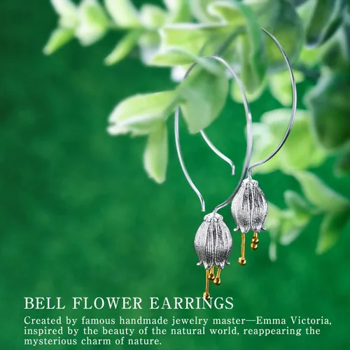 Vista 4 de Lotus Fun Aretes colgantes de plata de ley 925 con forma de campana natural fresca, hechos a mano, joyería única regalo para mujeres y niñas, Plata