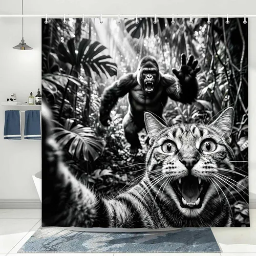 Vista 5 de Divertida cortina de ducha con diseño de gato con gorila en la selva, decoración de baño de animales humorísticos en blanco y negro, juego