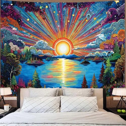 Vista 31 de Zussun Tapiz de hongo rojo, tapices de luna y estrella para dormitorio, estética de color beige, noche estrellada, planta verde, tapiz de pared