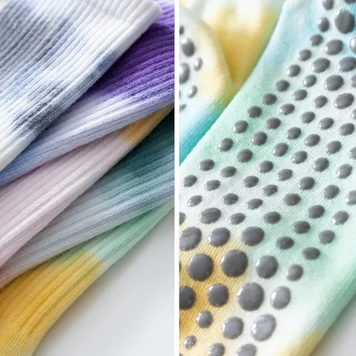 Vista 9 de Calcetines de yoga y pilates con empuñaduras para mujer, antideslizantes, coloridos, teñido anudado, acolchados, calcetines para bailar en barra