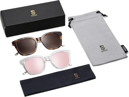 Vista 6 de SOJOS Paquete de 2 lentes de sol polarizados cuadrados clásicos para mujeres y hombres UV400 SJ2050