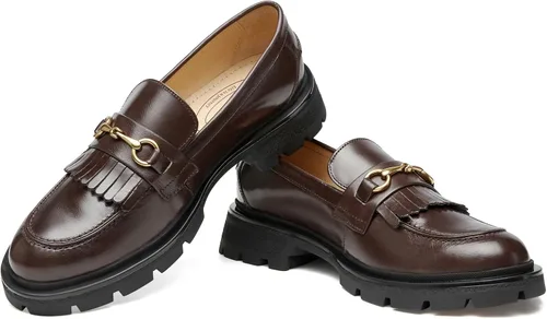 Vista 5 de Zapatos de vestir de cuero genuino para mujer, mocasines gruesos con borlas para mujer