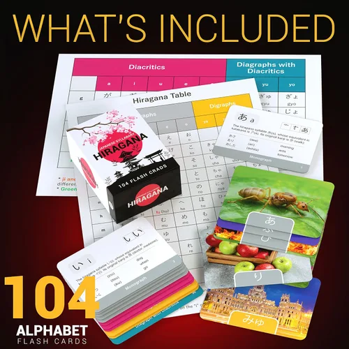 Vista 4 de Tarjetas flash japonesas Hiragana para niños y adultos – 104 tarjetas de aprendizaje del alfabeto con imágenes y orden de trazo – Ayuda de estudio