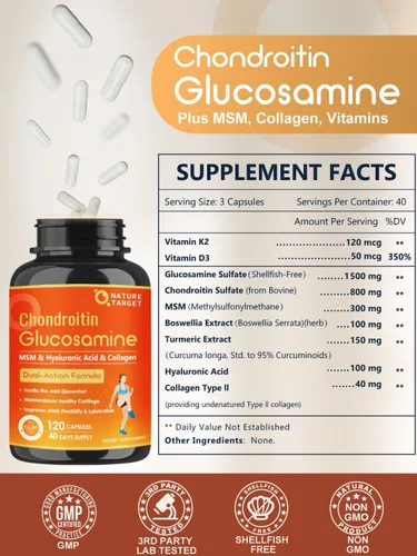 Vista 7 de NATURE TARGET Glucosamina, condroitina MSM cúrcuma – 120 cápsulas de suplemento de apoyo articular para alivio y movilidad, con colágeno tipo II