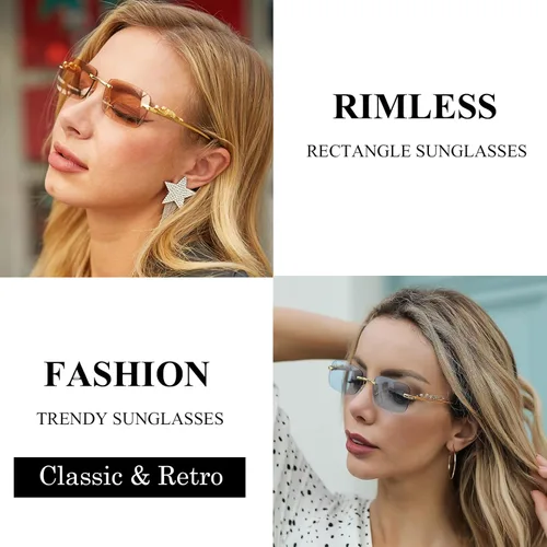 Vista 2 de Lentes de sol rectangulares sin montura vintage para mujeres y hombres, de metal dorado, sin marco, cuadradas, transparentes