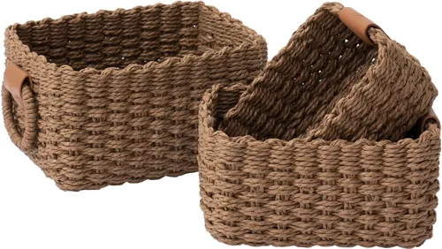Vista 10 de LA JOLIE MUSE Pequeñas cestas de mimbre para organizar, contenedores de almacenamiento de cuerda de papel reciclado para estantes, armarios de baño
