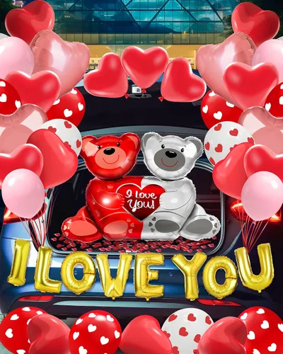 Vista 7 de Lutoys Kit de decoración de globos de San Valentín con globos "I Love You", globos de corazón con 1000 pétalos de rosa roja de seda para el día