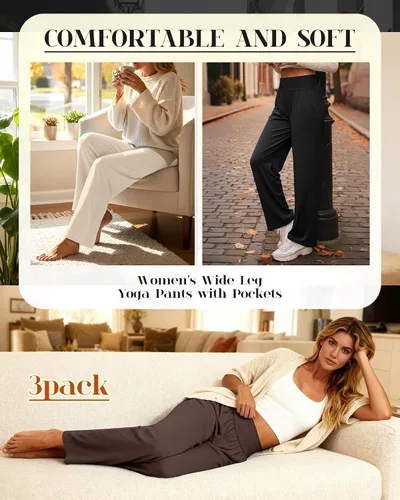 Vista 21 de Neer - Conjunto de 3 pantalones de yoga de pierna ancha para mujer - Pantalones deportivos cómodos, holgados, de cintura alta y casuales