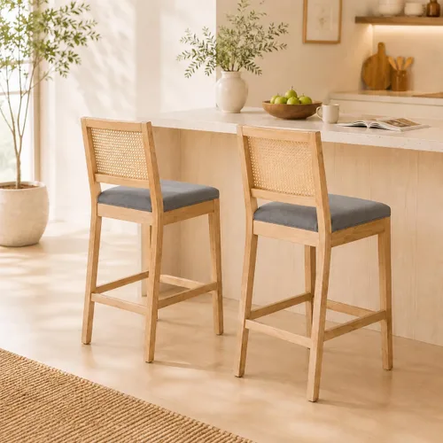 Vista 15 de Juego de 2 taburetes de bar de altura de mostrador, sillas de isla de cocina con respaldo de caña beige, taburetes de bar de ratán con respaldo