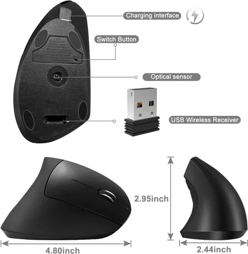 Vista 9 de Vassink Mouse ergonómico mouse inalámbrico recargable 24 GHz recargable inalámbrico vertical con receptor USB 6 botones 80012001600 DPI para laptop