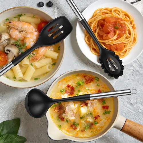 Vista 5 de Juego de utensilios de cocina de 12 piezas, herramientas de cocina de silicona con mango de acero inoxidable, espátula sin BPA, juego de cucharón