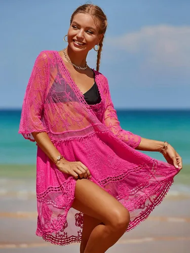 Vista 3 de MakeMeChic Vestido de playa de manga corta para mujer, salida de baño