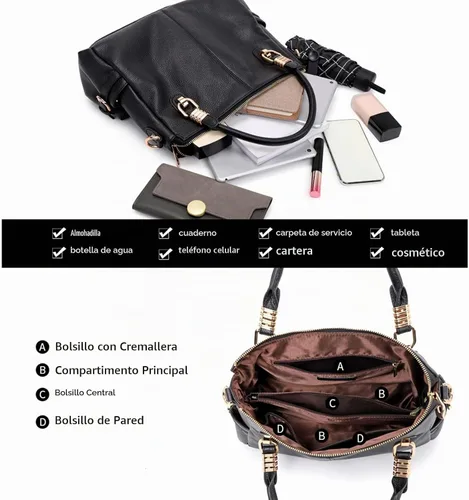 Vista 7 de Bolsos Kattee para mujer de piel genuina suave, tipo bandolera, con asa superior, bolso de hombro Negro