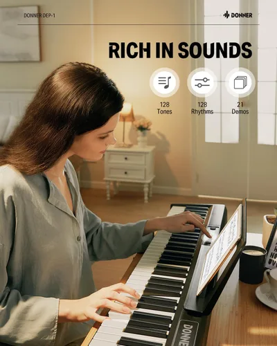 Vista 4 de Donner Teclado de piano de 88 teclas, piano digital para principiantes, teclas sensibles a la velocidad, piano eléctrico portátil con soporte, pedal