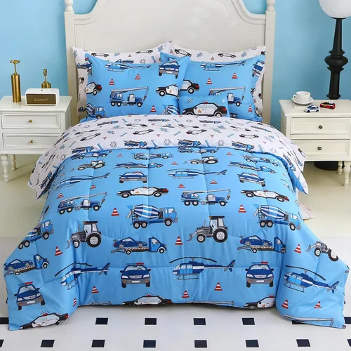 Vista 13 de Mooreeke Juego de edredón individual para niños de 6 piezas, juego de ropa de cama azul para adolescentes, cama de tren de microfibra para niños