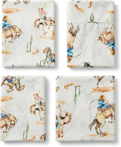 Vista 3 de Rod's True Western Bronco - Juego de sábanas tamaño matrimonial, ropa de cama occidental de 4 piezas, sábanas de algodón con fundas de almohada