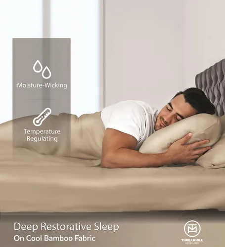 Vista 6 de Threadmill Juego de sábanas de rayón de bambú para cama de tamaño matrimonial, 4 piezas refrescantes color beige, suaves como la seda, ligeras