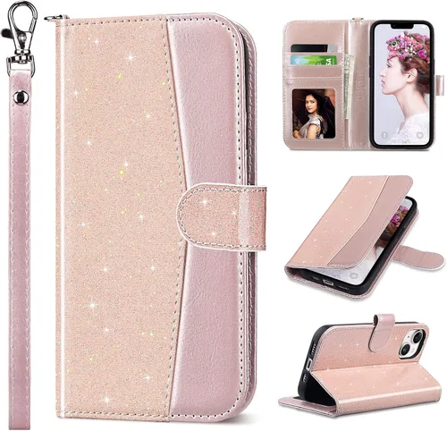 Vista 15 de ULAK Compatible con iPhone 13 Funda tipo cartera para mujer, funda tipo billetera de piel PU con tarjetero y función de caballete, funda protectora
