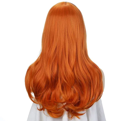 Vista 7 de Peluca naranja con flequillo, peluca larga ondulada para mujer, disfraz de cosplay, Halloween, con diadema morada y bufanda verde