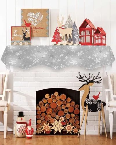 Vista 7 de Daleng Bufanda de repisa de camión de Navidad con muñeco de nieve para chimenea, 60 x 17 pulgadas, árbol de Navidad, copos de nieve, ciervos, verde