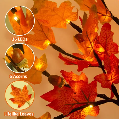 Vista 3 de Árbol de arce de otoño iluminado de 1.5 pies, lámpara de mesa de Acción de Gracias con 36 luces LED, hojas de arce, 6 bellotas, función