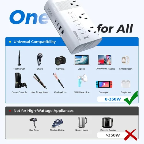 Vista 2 de DOACE - Convertidor de voltaje de 350 W de EE. UU. a Europa para alisador de cabello, rizador CPAP, convertidor de 220 V a 110 V para viajes Blanco