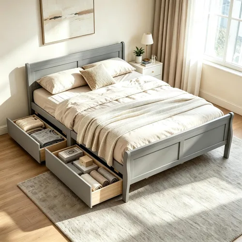 Vista 12 de KOMFOTT Cama individual con 2 cajones, cama de almacenamiento individual con cabecera y estribo, marco de cama de madera de trineo con soporte