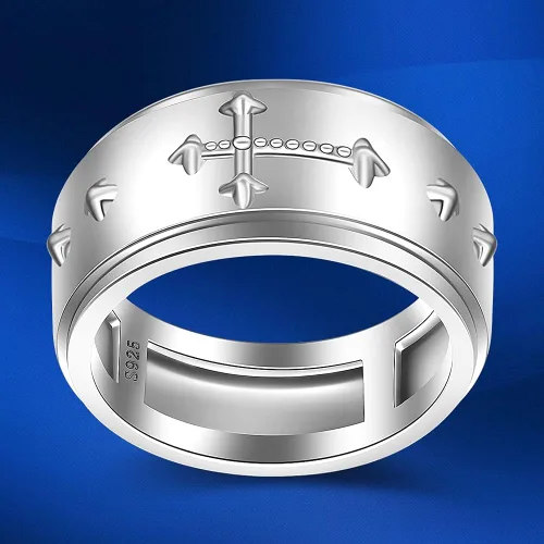 Vista 4 de Anillo giratorio con rosario en cruz para la ansiedad, para mujeres, adolescentes, plata de ley con oración a través de él, anillos cruzados