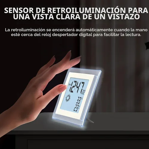 Vista 8 de Reloj pequeño digital, funciona con batería, despertador con retroiluminación automática, temperatura y humedad interior, 12/24H, fecha, reloj