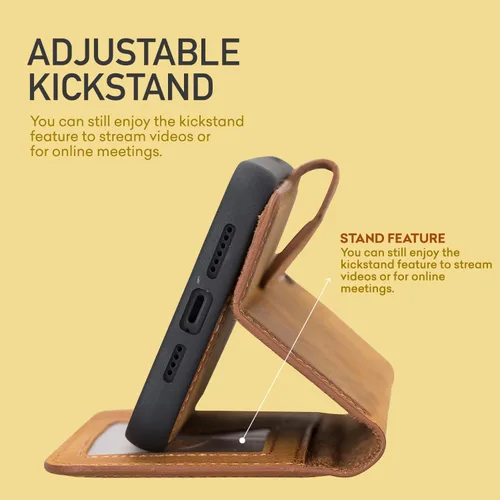 Vista 3 de Bayelon Funda para iPhone 14, funda de cuero de grano completo, [2 en 1], funda magnética desmontable con ranuras para tarjetas, soporte y función
