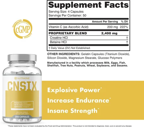 Vista 5 de CNSix Cápsulas de creatina por NutraOne - Creatina HCL para ayudar a desarrollar músculo magro* (600 mg - 200 cápsulas)